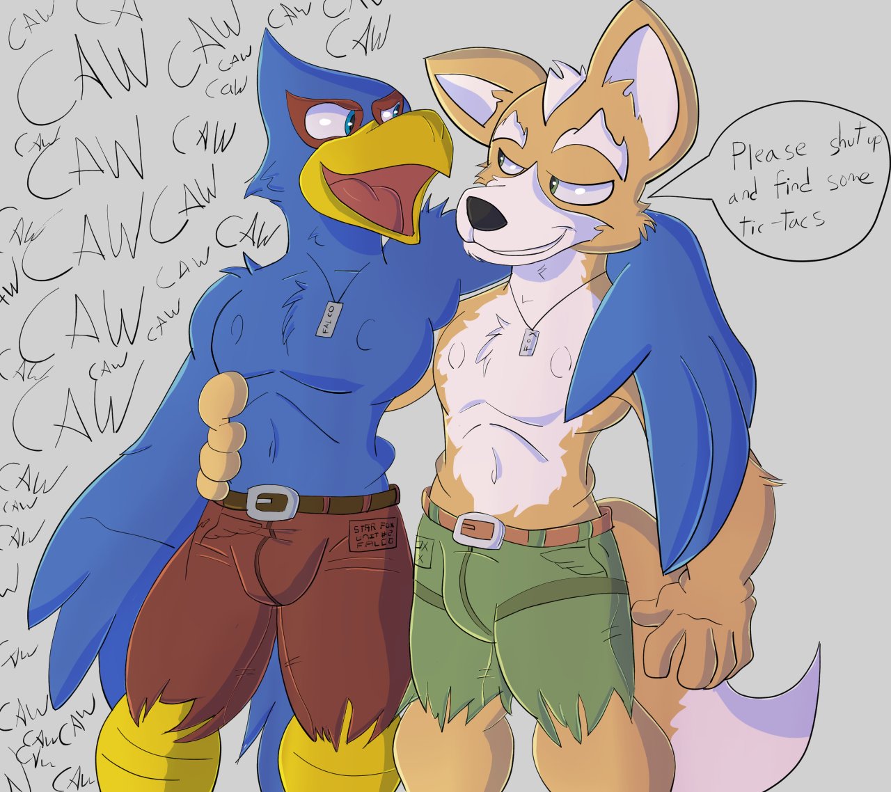 avian bottomwear canid canine clothed clothing donttouchmylasagna duo english_text falco_lombardi fox fox_mccloud how-did-we-get-here male mammal nintendo shorts star_fox text topless video_games