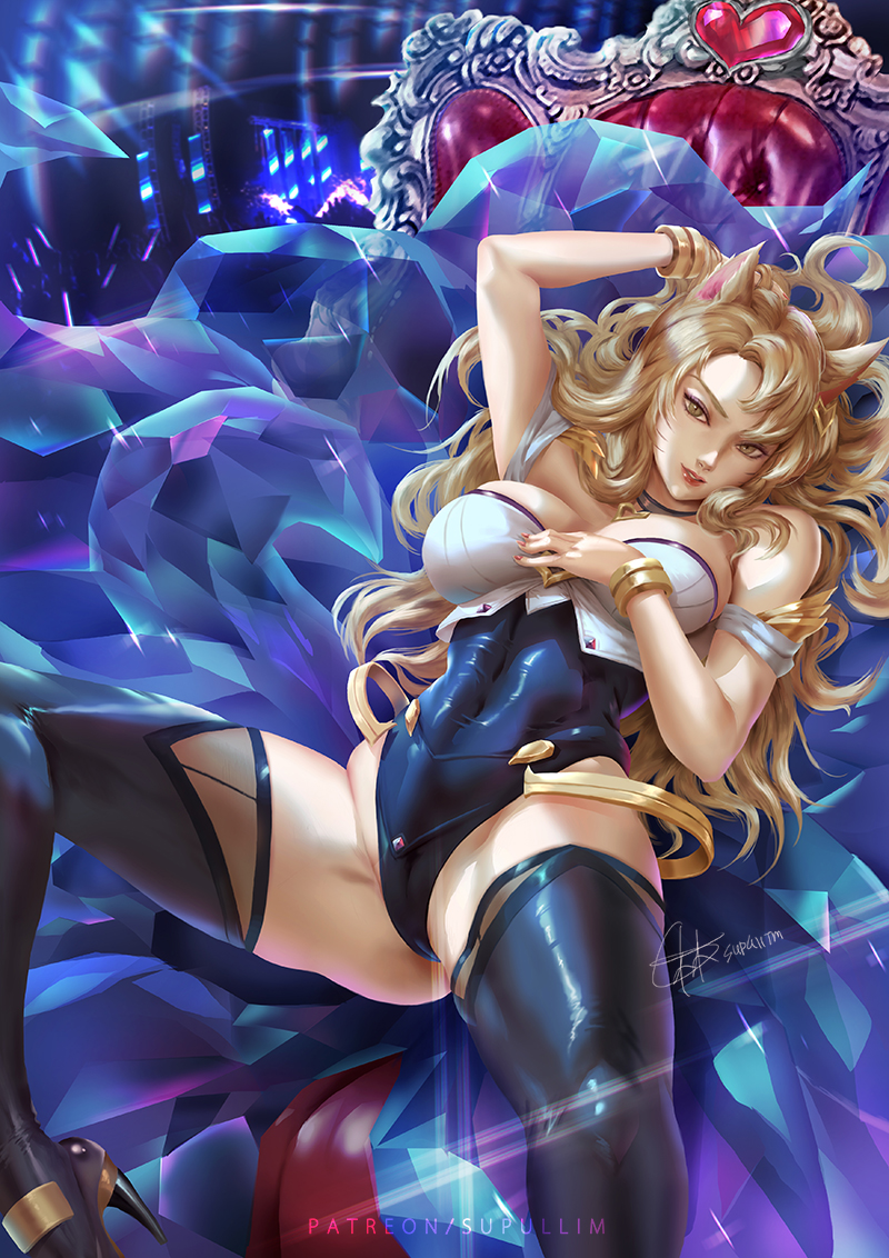 1girl ahri animal_ears arm_up bare_shoulders black_legwear blonde_hair bracelet breasts chair covered_navel crystal fox_ears gem heart high_heels jewelry kitsune league_of_legends leotard long_hair lying on_back parted_lips red_lips red_nails signature slit_pupils smile solo sparkle spread_legs tail thighhighs tnwjd2tkfkd whisker_markings yellow_eyes