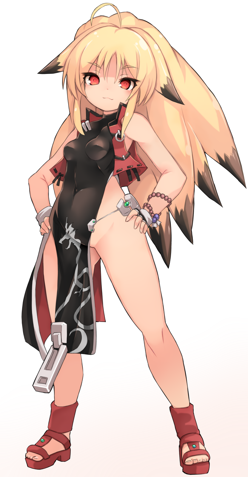 1girl :3 ahoge bare_arms bare_shoulders black_dress blonde_hair bracelet breasts brown_background brown_hair closed_mouth commentary_request covered_navel dress full_body gradient gradient_background groin hands_on_hips highres jacket jewelry karukan_(monjya) long_hair looking_at_viewer multicolored_hair namco_x_capcom open_clothes open_jacket red_eyes red_footwear red_jacket shorts shorts_under_skirt sidelocks sleeveless sleeveless_dress sleeveless_jacket small_breasts solo standing two-tone_hair very_long_hair white_background xiaomu zipper_pull_tab