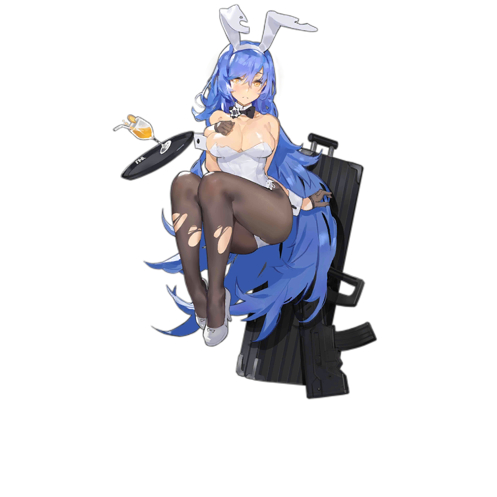 1girl alternate_costume animal_ears assault_rifle bare_shoulders blue_hair bow bowtie breast_suppress breasts brown_gloves brown_legwear bullpup bunny_ears bunnysuit cleavage closed_mouth detached_collar fake_animal_ears frown full_body girls_frontline gloves gun gun_case hair_between_eyes hairband half_gloves high_heels kishiyo large_breasts leotard long_hair official_art pantyhose rifle solo tar-21_(girls_frontline) torn_clothes torn_legwear transparent_background tray very_long_hair weapon wrist_cuffs yellow_eyes