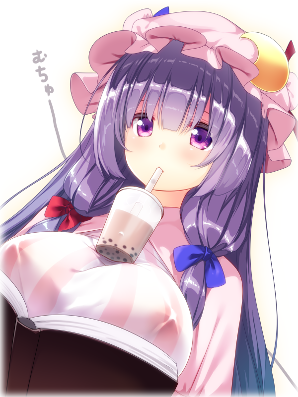 1girl bangs blue_bow blunt_bangs book bow breasts bubble_tea bubble_tea_challenge capelet covered_nipples crescent crescent_moon_pin cup dress drinking drinking_straw hair_bow hat large_breasts long_hair looking_at_viewer mob_cap mukyuu patchouli_knowledge pink_dress pink_headwear purple_eyes purple_hair red_bow solo striped striped_dress touhou upper_body usume_shirou white_background