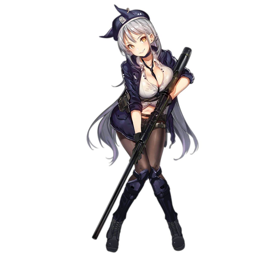 1girl armor bangs between_breasts black_footwear black_gloves black_legwear black_neckwear black_shorts blue_headwear blue_jacket blush boots breasts brown_eyes cleavage collared_shirt cross-laced_footwear fn_spr_a3g full_body girls_frontline gloves gun hair_ornament hairclip hat head_tilt holding holding_gun holding_weapon jacket knees_together_feet_apart lace-up_boots large_breasts leaning_forward logo long_hair navel necktie necktie_between_breasts official_art open_clothes open_jacket pantyhose parted_lips pouch rifle shin_guards shirt short_shorts shorts sidelocks silver_hair sleeves_rolled_up smirk sniper_rifle solo spr-a3g_(girls_frontline) stomach strap thigh_strap tied_shirt transparent_background trigger_discipline very_long_hair weapon white_shirt x_hair_ornament yuran
