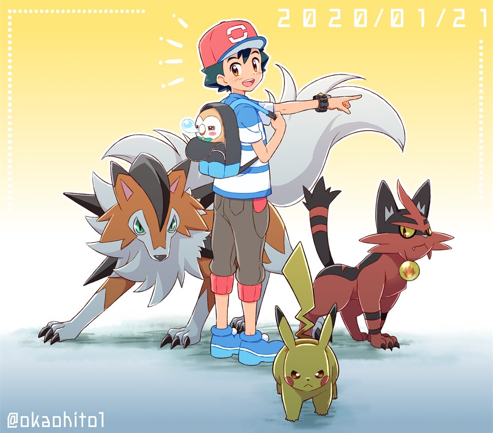 1boy backpack bag baseball_cap black_hair blue_footwear blue_shirt brown_eyes brown_shorts commentary_request dated english_commentary gradient gradient_background group_picture hat looking_at_viewer lycanroc okaohito1 open_mouth orange_background pikachu pointing pointing_forward pokemon pokemon_(anime) pokemon_(creature) pokemon_sm_(anime) rowlet satoshi_(pokemon) shirt shorts spiked_hair striped striped_shirt torracat twitter_username upper_teeth z-ring