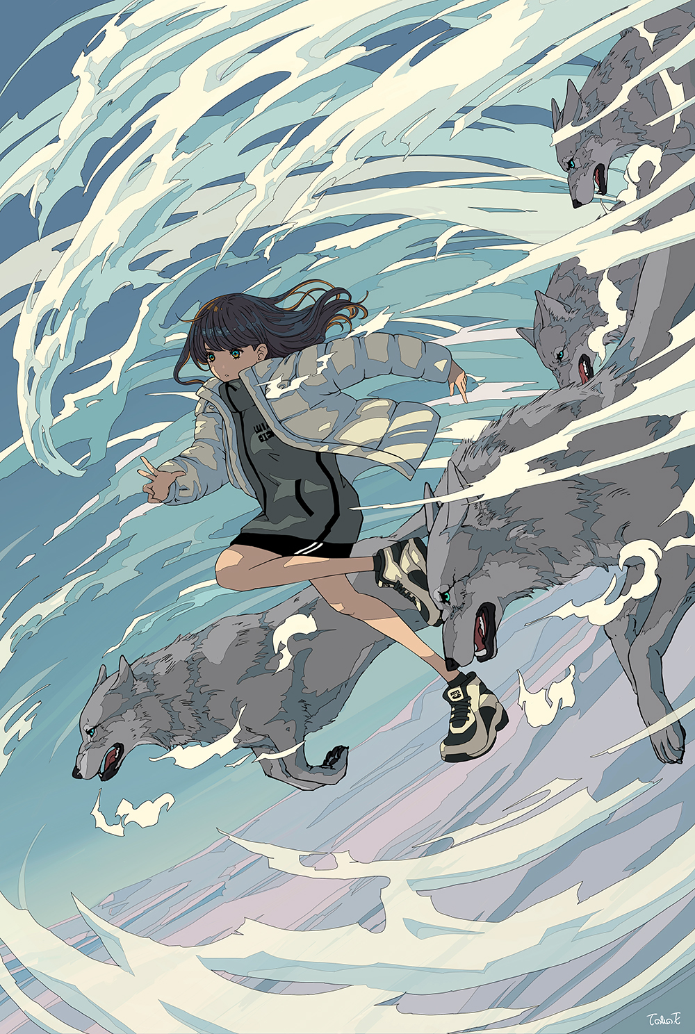 1girl animal bangs black_shorts blunt_bangs brown_hair commentary_request grey_coat highres long_hair long_sleeves original running seraphitalg shoes shorts signature sneakers white_coat wind wolf