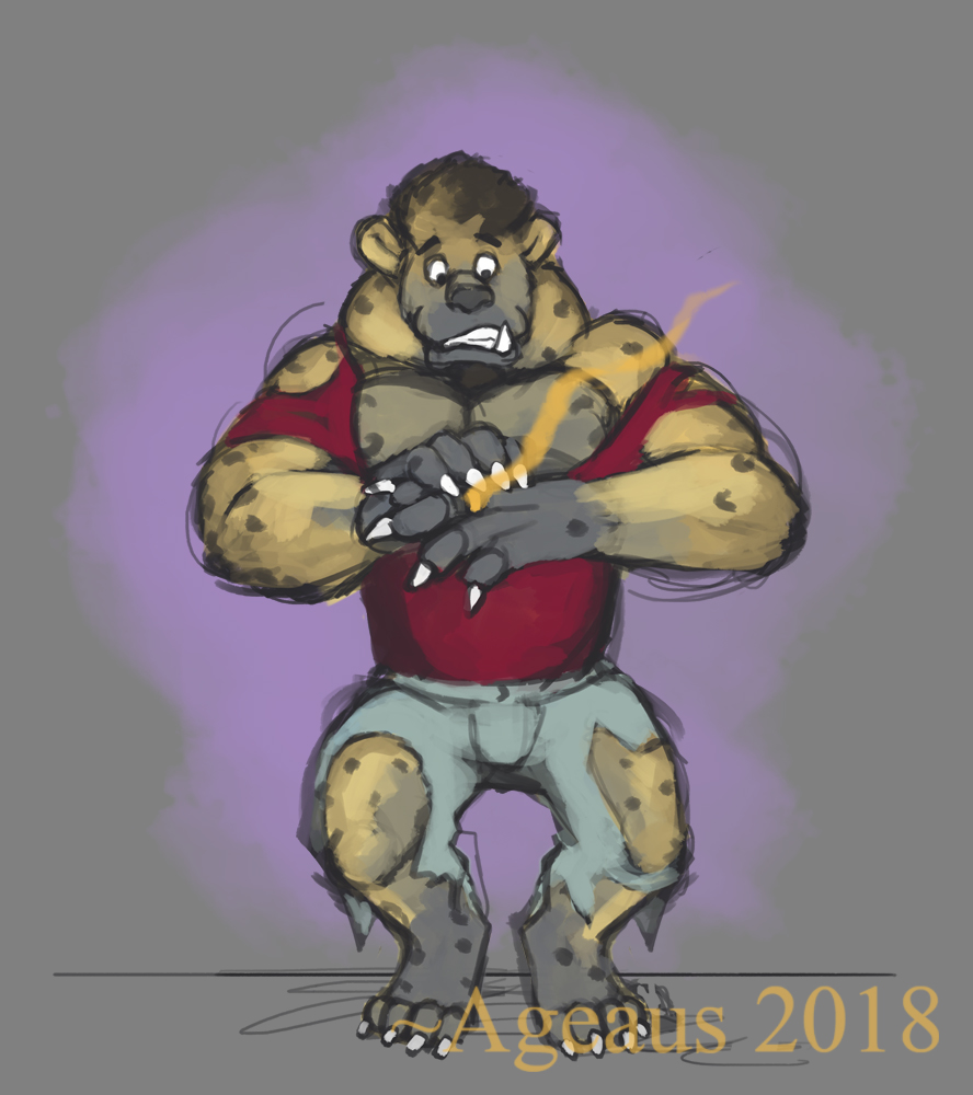 ageaus anthro artifact clothing forebucks forepawz gnoll hyaenid male mammal ring simple_background solo torn_clothing transformation