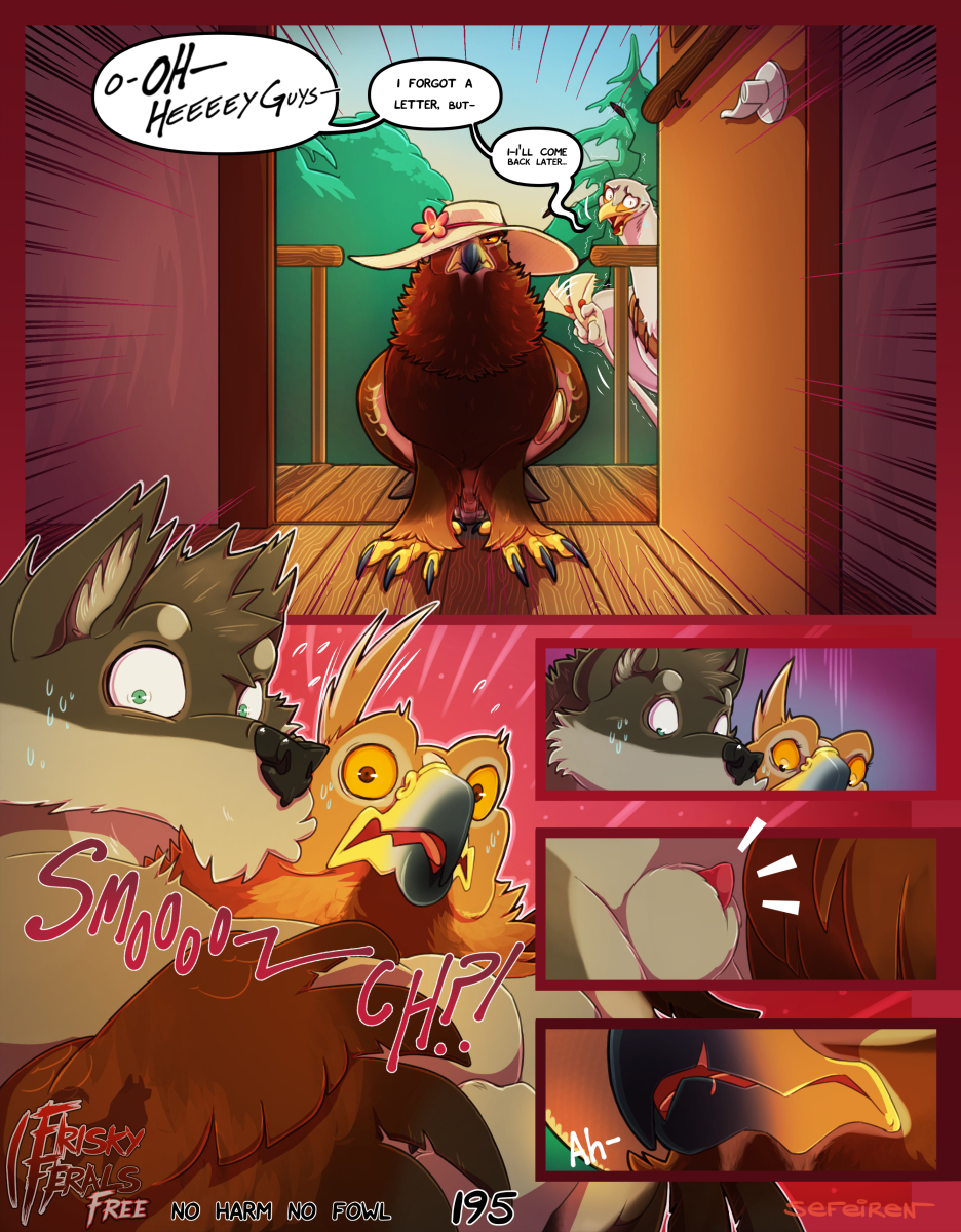 accipitrid accipitriform addison_(frisky_ferals) animal_genitalia anthro avian beak bird bodily_fluids brown_body brown_eyes brown_feathers canid canine canis claws clothing comic conditional_dnp daughter devon_(frisky_ferals) digital_media_(artwork) door eagle english_text feathers female feral flower frisky_ferals fur genitals golden_eagle green_eyes grey_body grey_feathers grey_fur harness hat head_tuft headgear headwear hi_res hindpaw hug inside kissing letter male mammal mother no_harm_no_fowl nude orange_sclera outside parent paws penis penis_tip plant scar secretary_bird sefeiren sheath simon_(frisky_ferals) size_difference sky speech_bubble standing stella_(frisky_ferals) sun_hat surprise sweat sweatdrop text tongue tree true_eagle tuft wolf