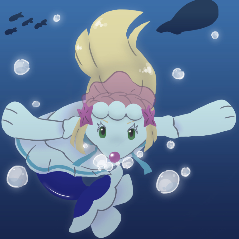 1:1 2018 accessory alternate_species blonde_hair breathing bubble clothing costume dress eyelashes facing_viewer female feral fin flippers green_eyes hair hair_accessory kizakino_flo lillie_(pok&eacute;mon) long_nose marine merfolk mermaid_tail nintendo pok&eacute;mon pok&eacute;mon_(species) primarina shirt simple_background snout solo swimming topwear transformation underwater video_games water white_body white_skin