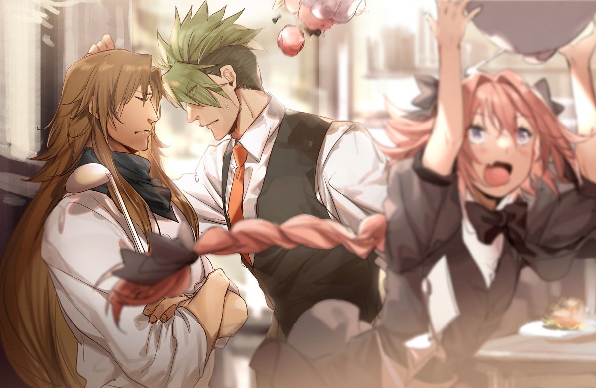3boys achilles_(fate) astolfo_(fate) astolfo_(saber)_(fate) black_bow bow braid brown_hair chef chiron_(fate) crossdressing crossed_arms fang fate/apocrypha fate/grand_order fate_(series) green_hair hair_grab hair_intakes kitchen ladle male_focus multiple_boys neckerchief necktie no-kan open_mouth orange_neckwear otoko_no_ko pink_hair single_braid spill sweatdrop vest waistcoat waiter