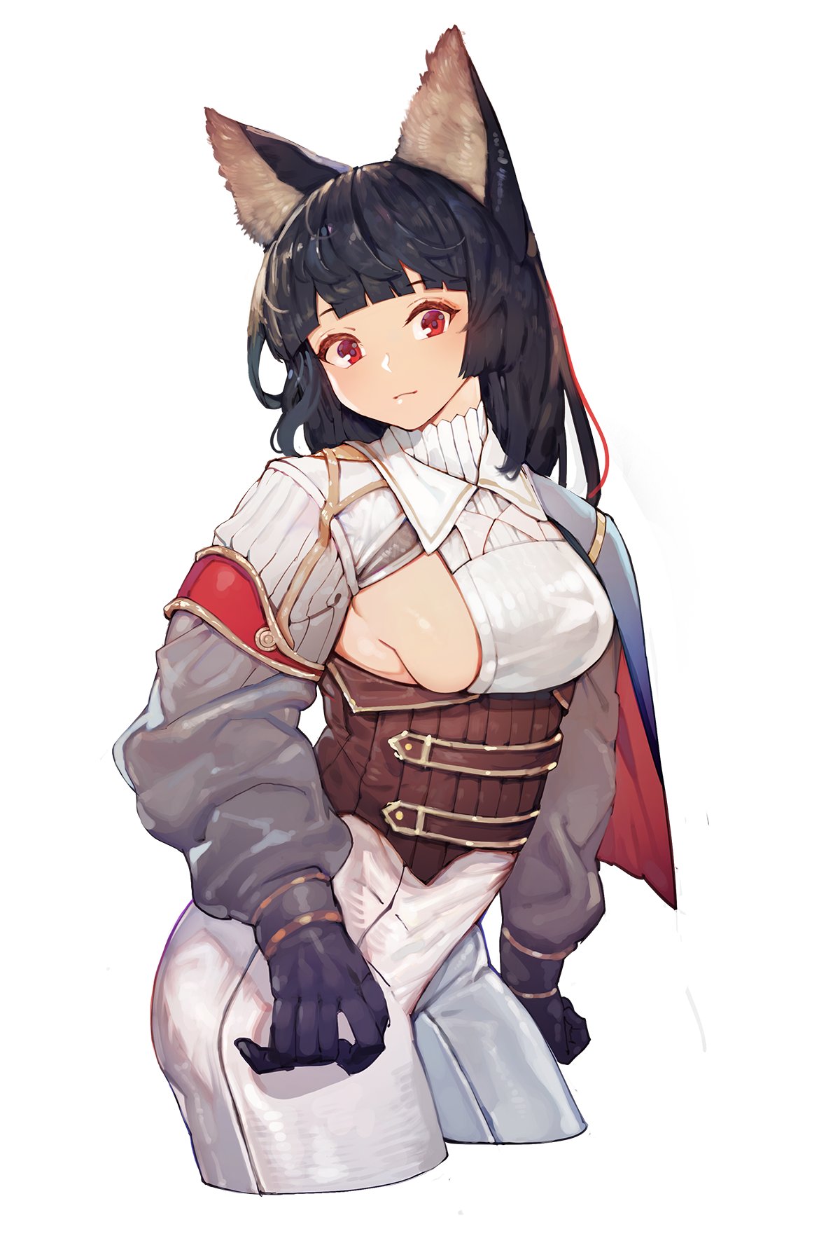 1girl alternate_costume animal_ears bangs black_gloves black_hair blunt_bangs breasts commentary cowboy_shot cropped_legs gloves head_tilt highres imaizumi_kagerou long_hair long_sleeves looking_at_viewer medium_breasts onion_(onion_and_pi-natto) pants puffy_sleeves red_eyes sideboob simple_background solo standing touhou white_background white_pants wolf_ears