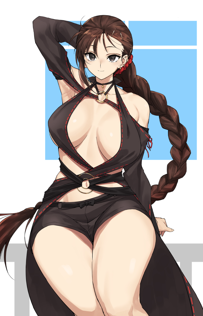 armpits black_dress black_hair bnc_(bunshi) braid breasts brown_hair center_opening consort_yu_(fate) dress ear_piercing fate/grand_order fate_(series) grey_eyes hand_behind_head large_breasts long_hair navel piercing revealing_clothes sitting smile two-tone_background very_long_hair white_background