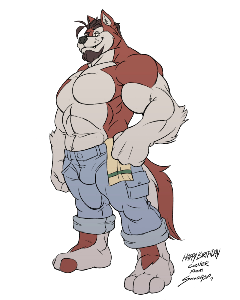 2017 3_toes 4_fingers abs anthro beard beef_stroganov biceps big_muscles black_nose bottomwear brown_hair bulge canid canine canis clothed clothing domestic_dog facial_hair fingers fur hair hand_on_hip husky hybrid jeans looking_at_viewer male mammal multicolored_body multicolored_fur muscular muscular_male nordic_sled_dog pants pecs plantigrade red_body red_fur simple_background smile solidasp solo spitz standing toes topless two_tone_body two_tone_fur white_background white_body white_fur wolf wolfdog