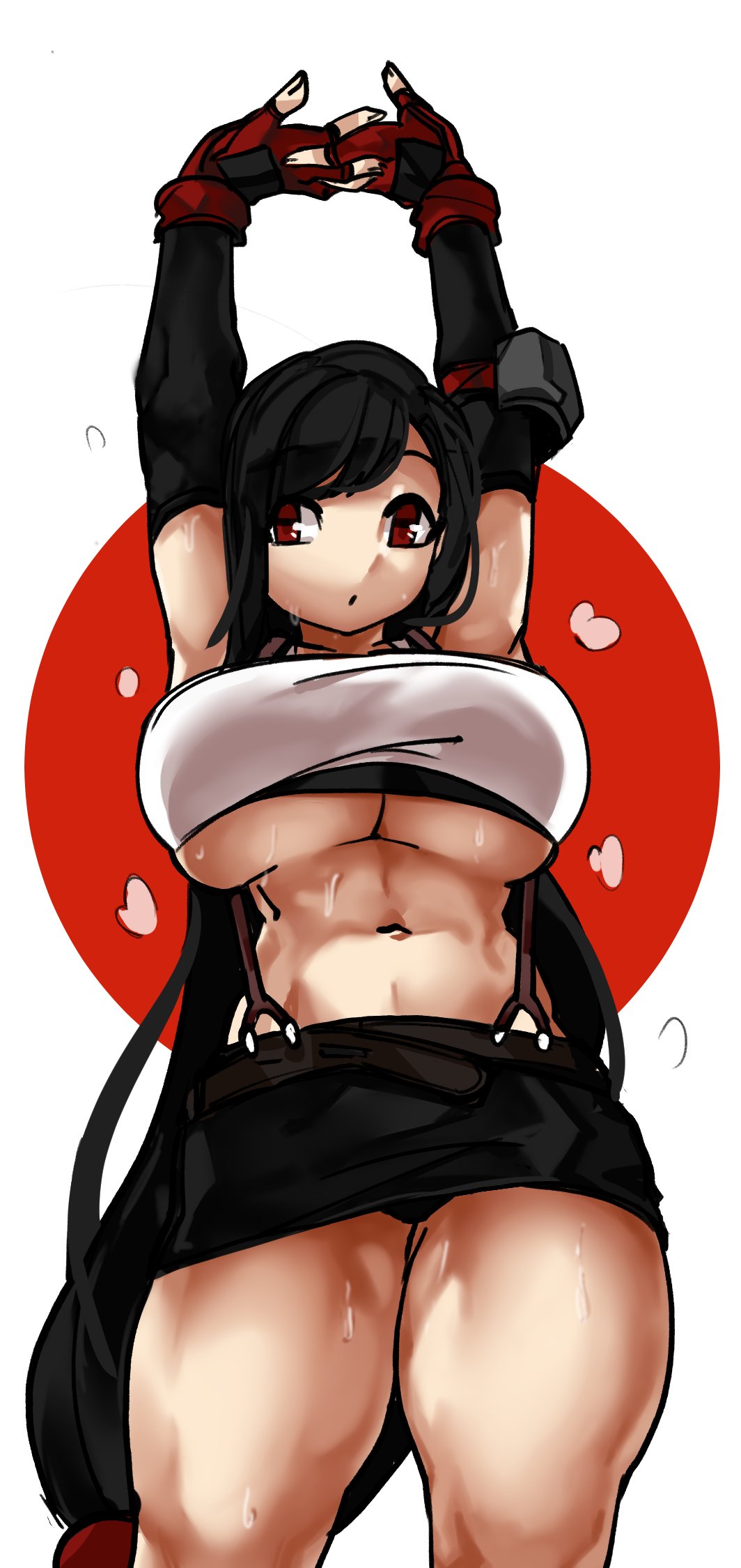 1girl arms_up black_hair black_panties black_skirt breasts cowboy_shot crop_top detached_sleeves final_fantasy final_fantasy_vii final_fantasy_vii_remake fingerless_gloves gloves highres huge_breasts interlocked_fingers legs_together long_hair low-tied_long_hair midriff miniskirt navel panties pantyshot pantyshot_(standing) pencil_skirt red_eyes red_gloves shirt single_elbow_pad skirt solo standing stretch suspender_skirt suspenders sweat sweating_profusely taut_clothes taut_shirt thick_thighs thighs tifa_lockhart toned underboob underwear very_long_hair zana