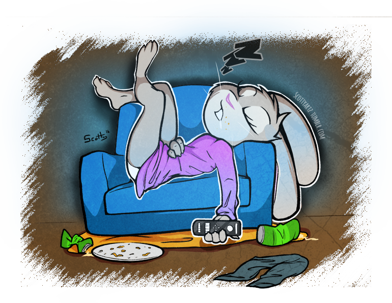 2016 anthro bodily_fluids bottomwear can chair clothed clothing controller disney drooling fur furniture grey_body grey_fur head_tuft holding_object inside judy_hopps lagomorph leporid mammal pants plate rabbit reclining remote_control saliva scottytheman sleeping solo sound_effects tuft whiskers zootopia zzz