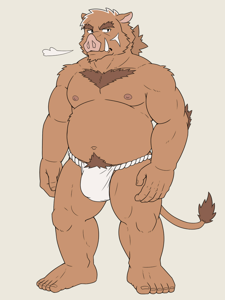 2020 anthro asian_clothing belly brown_body brown_fur bulge clothing east_asian_clothing fundoshi fur humanoid_hands jacklantern_11 japanese_clothing kemono male mammal moobs navel nipples overweight overweight_male simple_background solo suid suina sus_(pig) underwear wild_boar