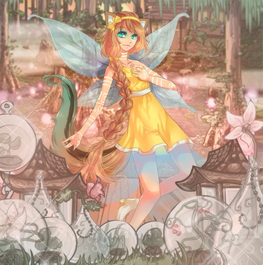 1girl animal_ears bangs body_markings braid brown_hair commentary dress english_commentary eyelashes fairy_wings flat_chest flower forest grass green_eyes hair_ribbon long_hair looking_at_viewer nature neopets outdoors personification plant ribbon short_dress smirk standing tail tree very_long_hair wings xweetok yakuun yellow_dress yellow_ribbon