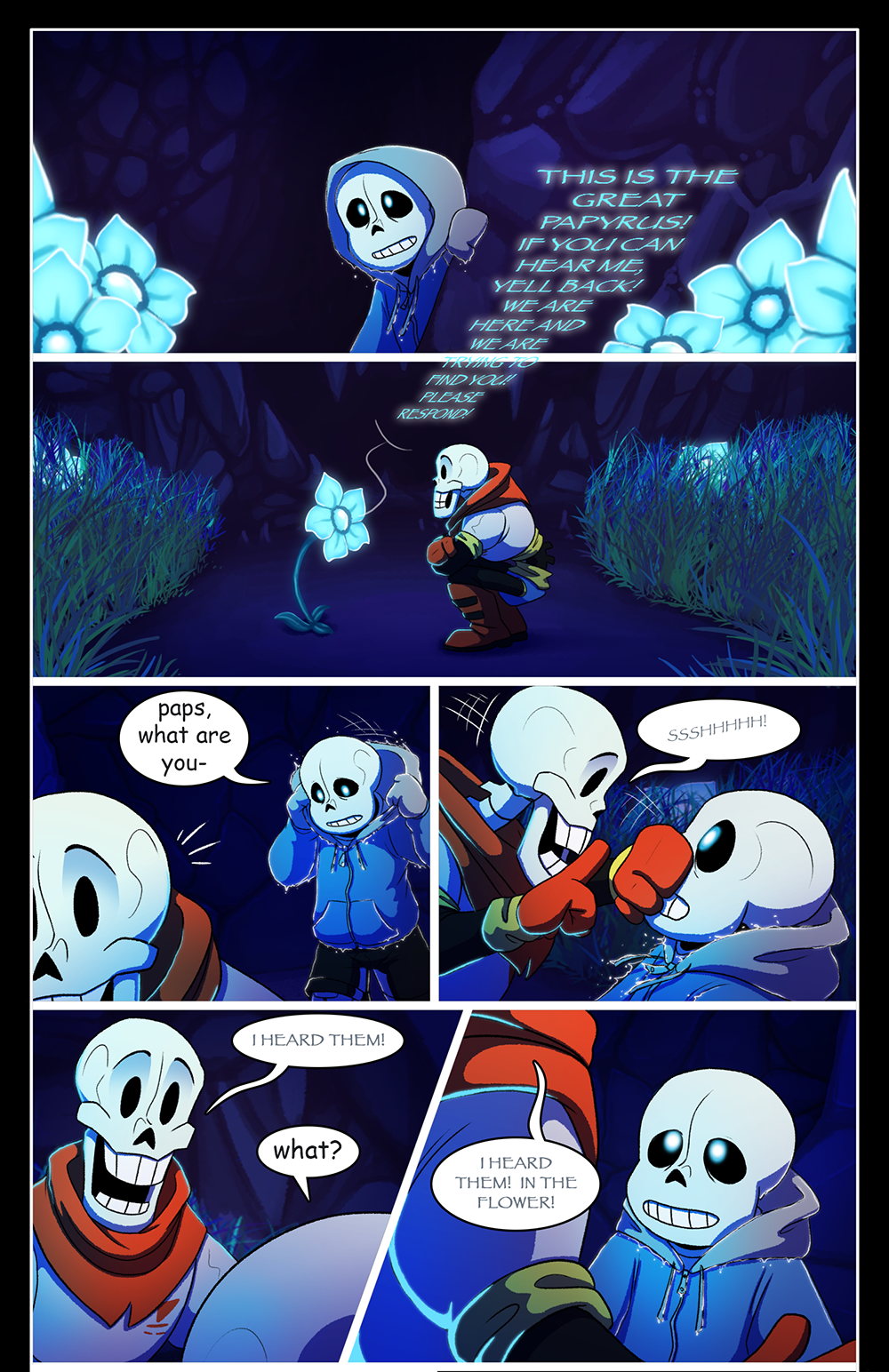 absolutedream animated_skeleton bone comic dialogue echo_flower english_text hi_res papyrus_(undertale) sans_(undertale) skeleton text undead undertale video_games