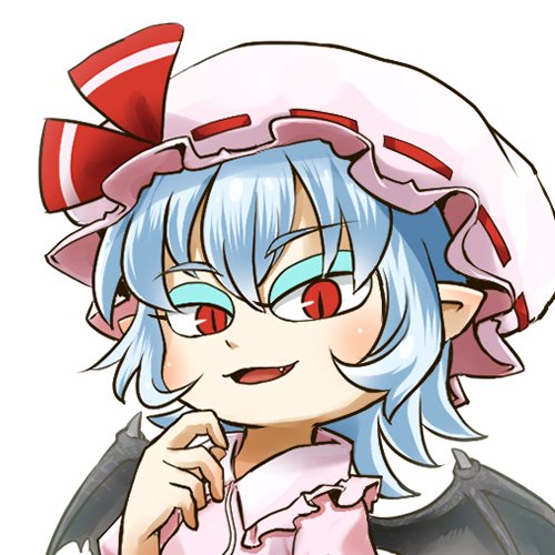 1girl avatar_icon bat_wings blue_hair chamaji close-up commentary eyebrows_visible_through_hair eyeshadow fang frills hair_between_eyes hand_on_own_chin hand_on_own_face hat hat_ribbon looking_at_viewer lowres makeup mob_cap pointy_ears red_eyes remilia_scarlet ribbon short_hair signature simple_background slit_pupils solo spread_wings touhou upper_body white_background wing_collar wings