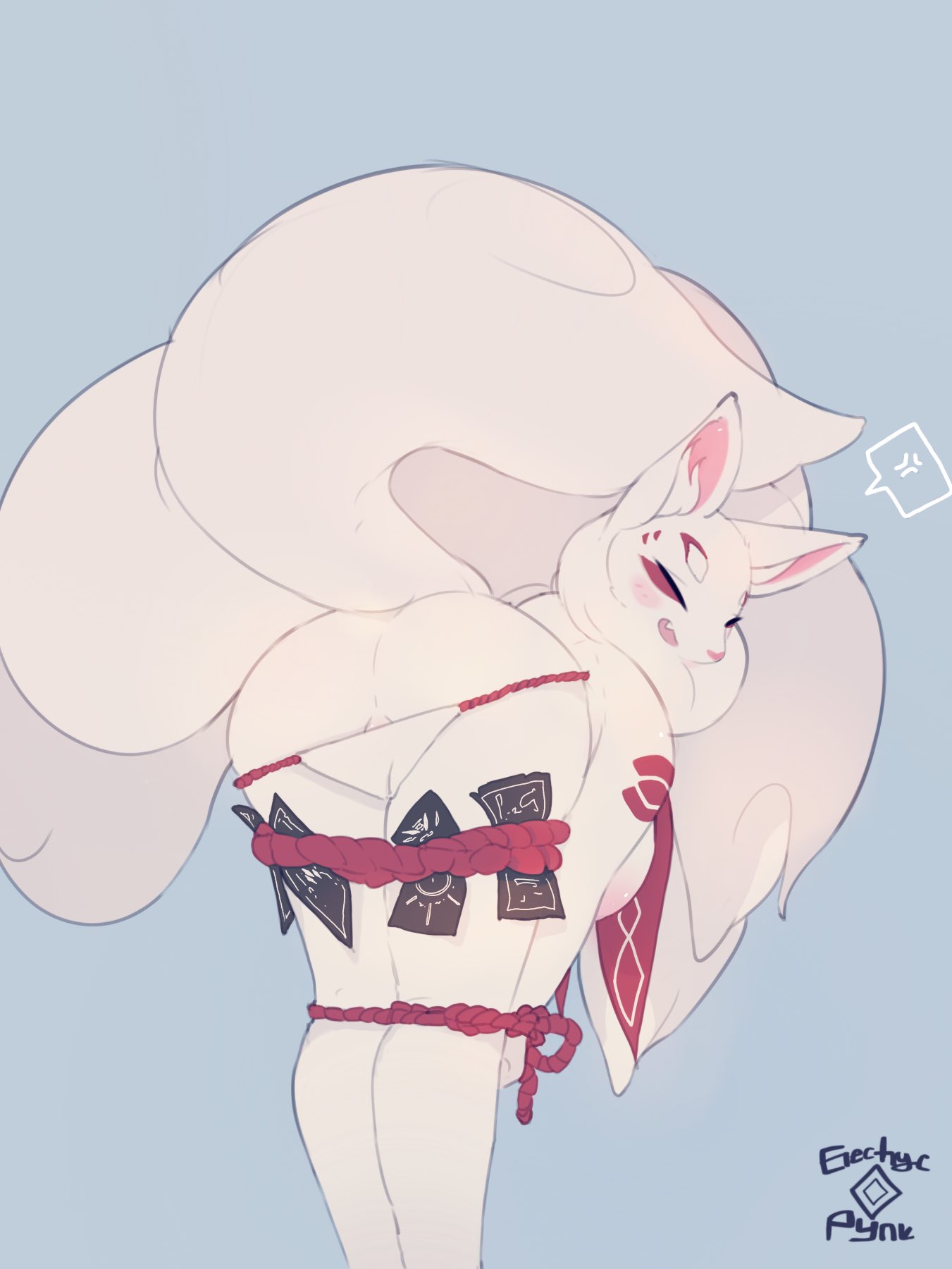 annoyed anthro bent_over blush canid canine clothing electrycpynk exposed female fox fur hi_res mammal markings multi_tail panties signature simple_background solo underwear white_body white_fur