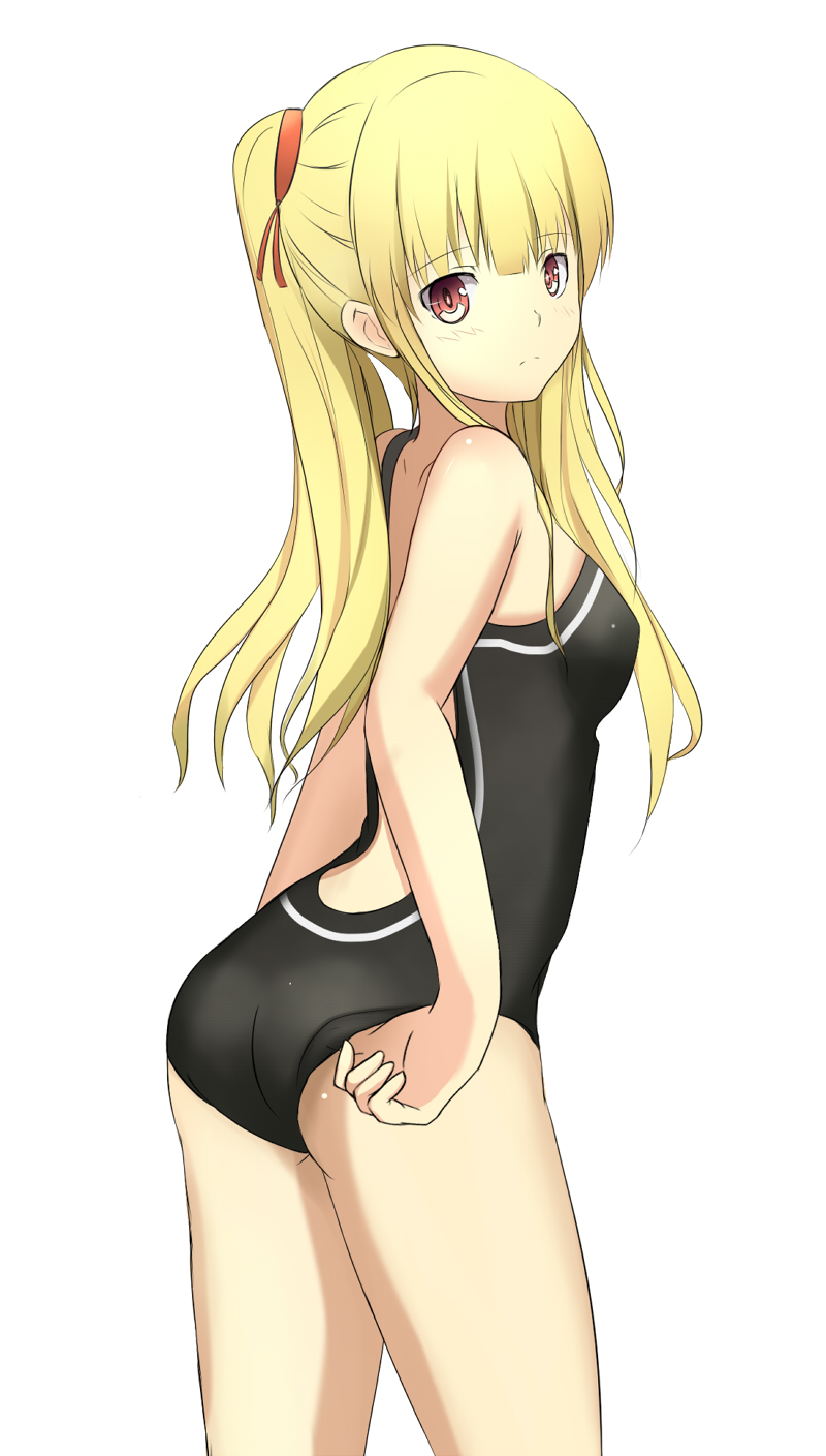 adjusting_clothes adjusting_swimsuit angel_beats! bad_id bad_pixiv_id blonde_hair competition_swimsuit highres long_hair nes_(sigma) one-piece_swimsuit orange_eyes solo swimsuit twintails yusa_(angel_beats!)