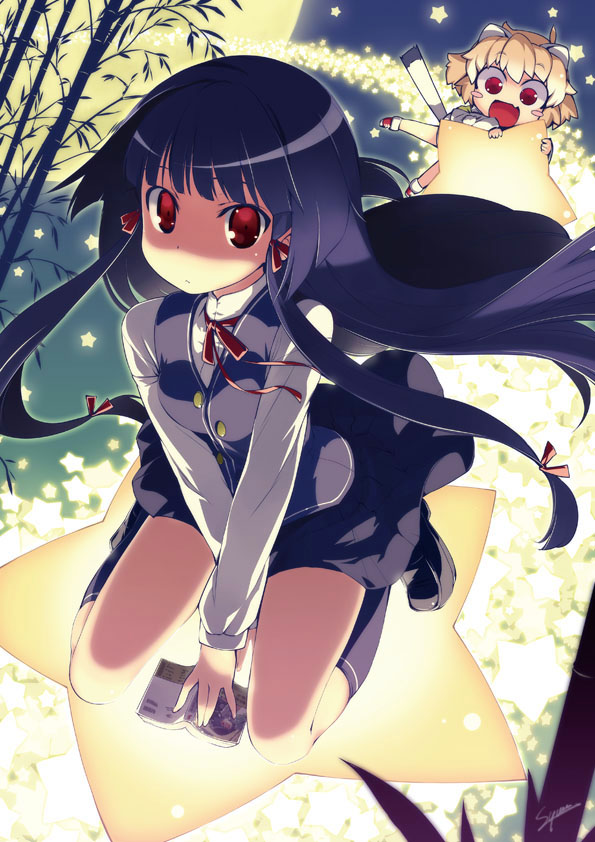 :d animal_ears bad_id bad_pixiv_id bamboo bangs black_footwear black_hair blonde_hair blue_hair blue_legwear blue_skirt blue_vest blush_stickers book breast_squeeze breasts buttons closed_mouth collared_shirt dress_shirt fang floating_hair flying frown full_body full_moon grabbing hair_ribbon kneehighs kneeling loafers long_hair long_sleeves looking_at_viewer moon multiple_girls neck_ribbon night night_sky open_book open_mouth pleated_skirt red_eyes red_neckwear red_ribbon rental_fullmoon ribbon riding shiny shiny_hair shirt shoes short_hair signature skirt sky small_breasts smile solo_focus star straight_hair sumaki_shungo tail tress_ribbon v_arms very_long_hair vest white_shirt