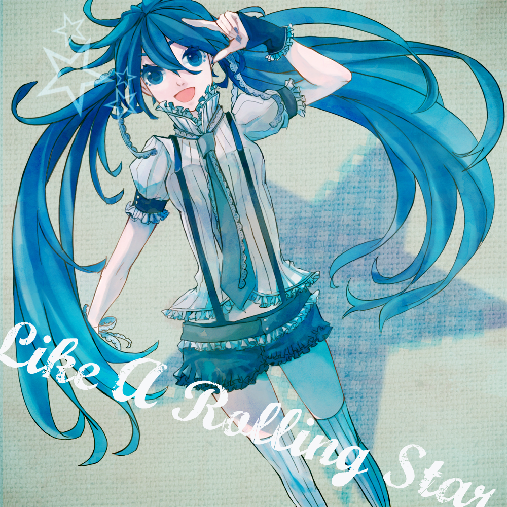 72_(nananatsu) bad_id bad_pixiv_id banned_artist blue_eyes blue_hair frills hatsune_miku like_a_rolling_star_(vocaloid) long_hair necktie shorts smile solo suspenders thighhighs twintails vocaloid
