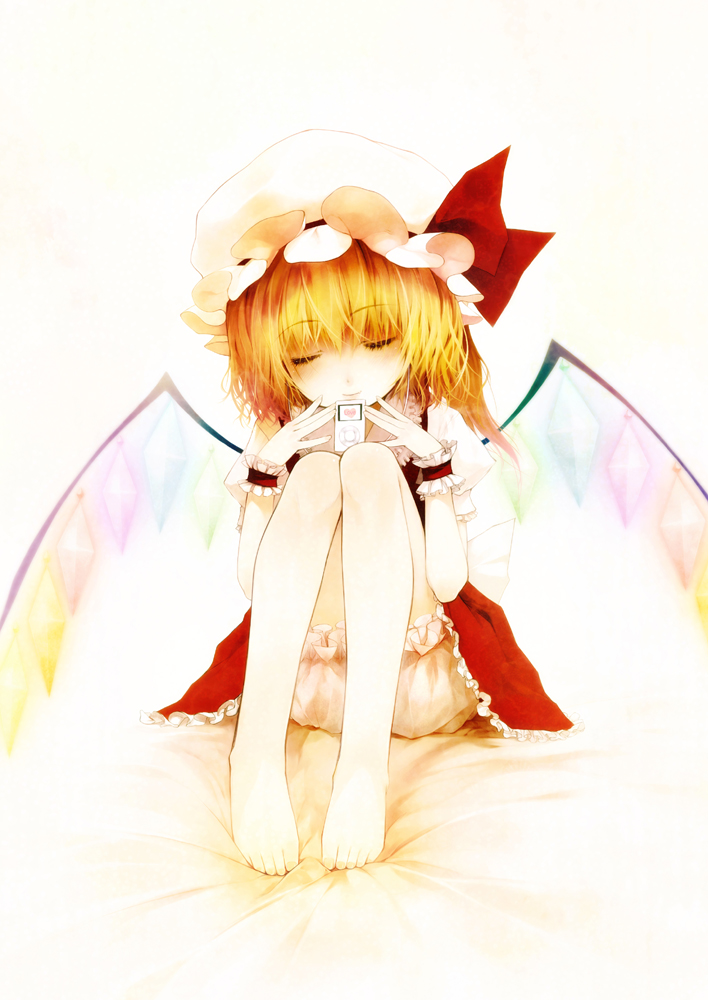 barefoot blonde_hair chinchickrin digital_media_player feet flandre_scarlet hat ipod ponytail short_hair side_ponytail solo touhou wings