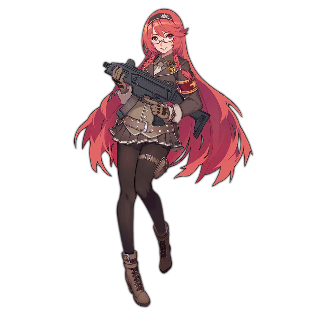 1girl ankle_boots bangs black_legwear boots braid brown_eyes brown_footwear brown_gloves brown_skirt cross-laced_footwear cz_scorpion_evo_3 evo_3_(girls_frontline) eyebrows_visible_through_hair full_body girls_frontline glasses gloves gun hairband holding holding_gun holding_weapon holster kugi_ta_hori_taira lace-up_boots long_hair long_sleeves looking_at_viewer military military_uniform miniskirt official_art pantyhose parted_lips pleated_skirt red_hair semi-rimless_eyewear shadow skirt smile solo submachine_gun thigh_holster thigh_strap transparent_background trigger_discipline under-rim_eyewear uniform very_long_hair watermark weapon