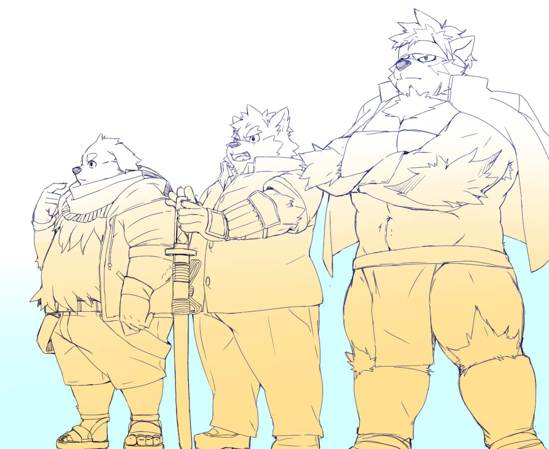 2019 anthro barazoku belly bottomwear canid canine canis clothing cu_sith_(tas) domestic_dog group horkeukamui inunoshippo kemono loincloth male mammal melee_weapon moritaka overweight overweight_male pants scarf shirt shorts sword tokyo_afterschool_summoners topwear video_games weapon wolf