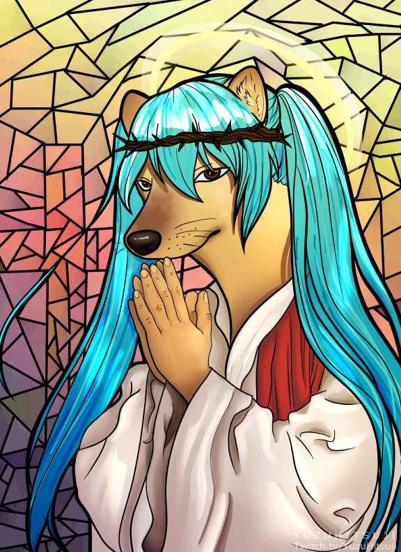 2020 anthro blue_hair brown_eyes canid canine canis cheems clothed clothing doge domestic_dog hair hatsune_miku mammal meme praying robe shiba_inu solo spitz stained_glass vocaloid whiskers yuzuhitsuji