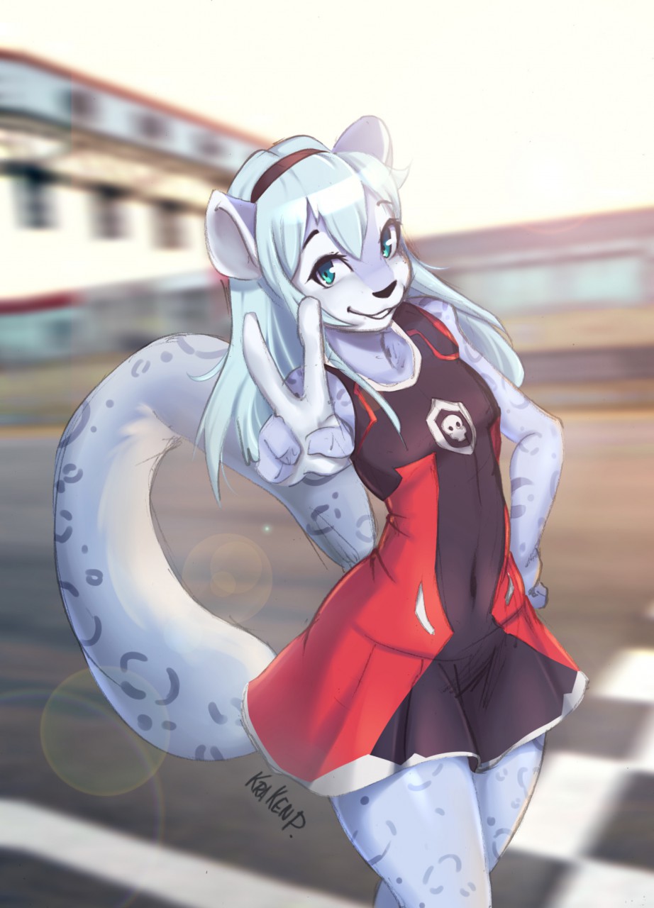 2020 accessory blue_eyes blue_hair clothed clothing crossdressing dress felid gesture girly hair hair_accessory hairband hi_res krakenparty looking_at_viewer male mammal pantherine race_queen resine smile snow_leopard v_sign