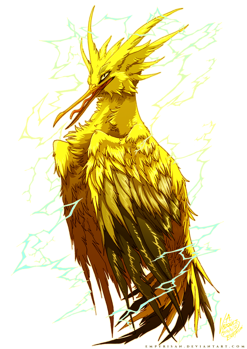 bird bird_focus creature electricity empyrisan gen_1_pokemon legendary_pokemon no_humans pokemon pokemon_(creature) signature solo transparent_background watermark web_address yellow_theme zapdos