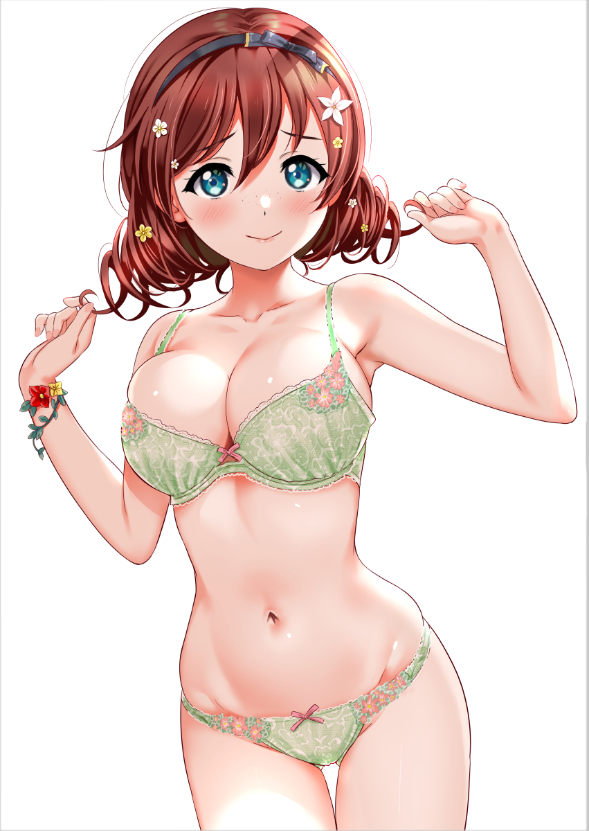 1girl armpits arms_up bangs blue_eyes blush bow bow_bra bra breasts bursting_breasts cleavage collarbone drill_hair emma_verde floral_print flower flower_bracelet green_bra green_panties hair_between_eyes hair_flower hair_ornament hairband highres lace lace-trimmed_bra large_breasts looking_at_viewer love_live! love_live!_school_idol_festival navel panties pink_bow red_hair rozen5 simple_background skindentation smile solo twin_drills underwear white_background