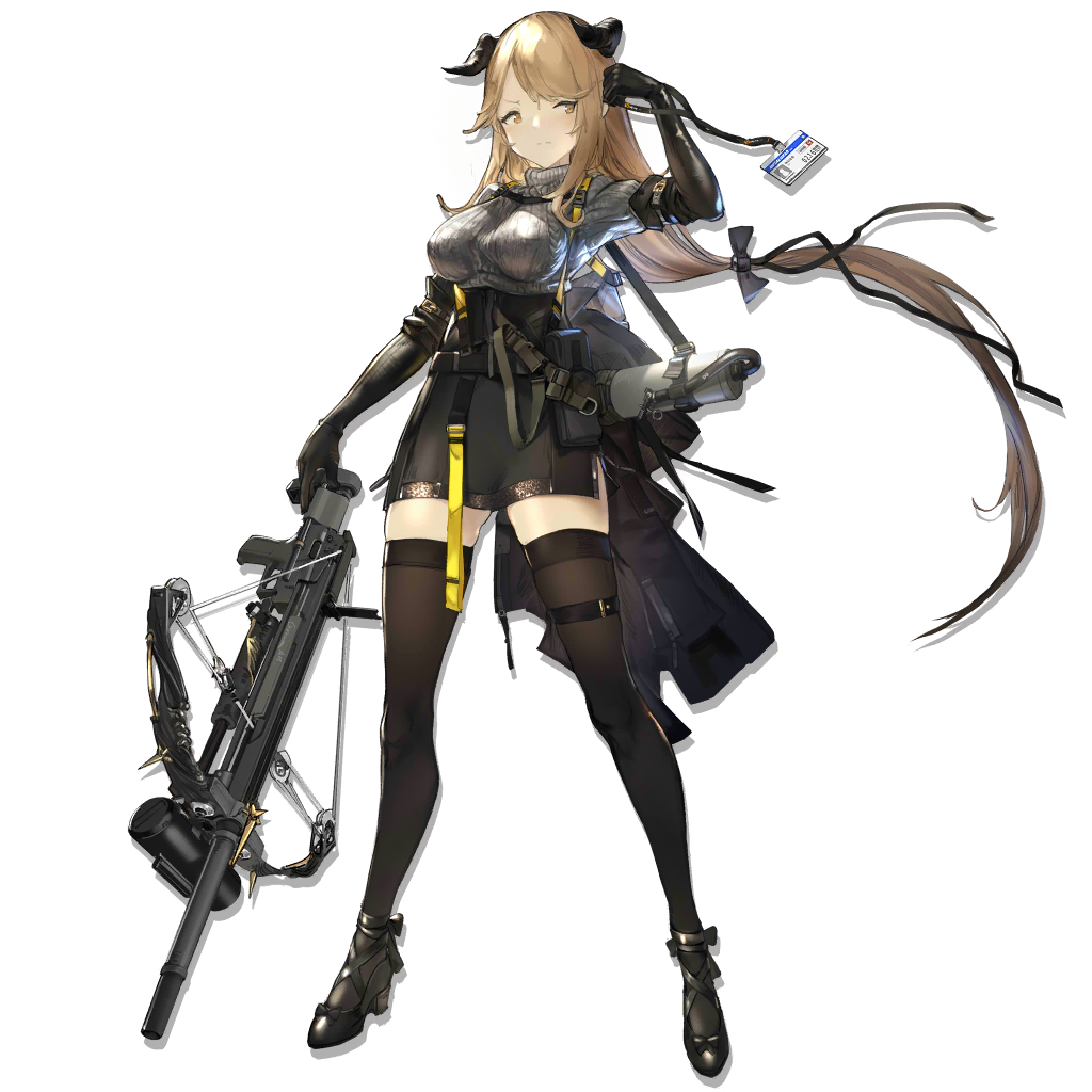 1girl aran_sweater arknights bangs black_footwear black_gloves black_legwear black_skirt bow bow_(weapon) breasts brown_eyes crossbow elbow_gloves floating_hair full_body gloves grey_sweater hair_bow high-waist_skirt high_heels holding holding_bow_(weapon) holding_weapon horns large_breasts light_brown_hair long_hair long_sleeves looking_at_viewer low-tied_long_hair meteorite_(arknights) official_art pouch quiver renatus.z sidelocks skindentation skirt solo strap sweater swept_bangs thigh_strap thighhighs transparent_background turtleneck turtleneck_sweater very_long_hair weapon zettai_ryouiki