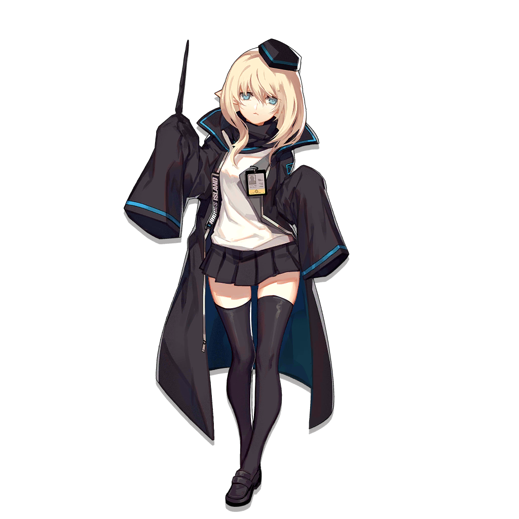 1girl arknights bangs black_coat black_footwear black_headwear black_legwear black_skirt blonde_hair blue_eyes breasts durin_(arknights) expressionless full_body hair_between_eyes hat holding holding_wand long_hair looking_at_viewer mary_janes medium_breasts mini_hat miniskirt name_tag official_art pleated_skirt popped_collar scarf shirt shoes sidelocks skade skirt sleeves_past_fingers sleeves_past_wrists solo standing tachi-e thighhighs transparent_background wand white_shirt zettai_ryouiki