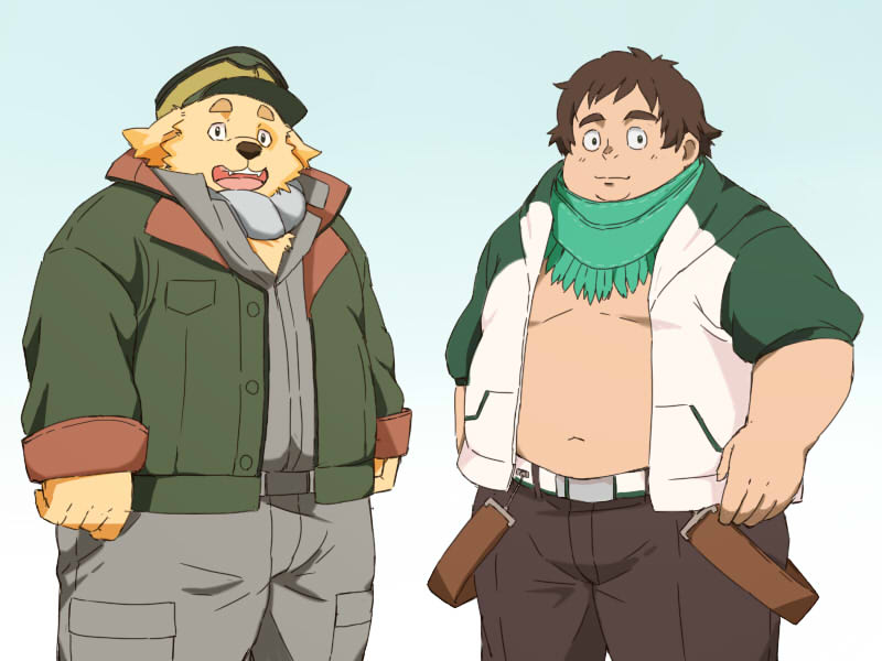 2019 4:3 anthro belly bottomwear canid canine canis clothing cu_sith_(tas) domestic_dog duo hat headgear headwear hoodie human humanoid_hands inunoshippo kemono male mammal navel overweight overweight_male pants shirt simple_background tokyo_afterschool_summoners topwear video_games