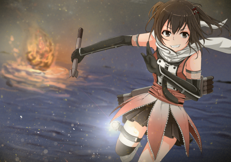 1girl asymmetrical_legwear black_gloves black_hair black_skirt blurry brown_eyes commentary_request cowboy_shot depth_of_field double-breasted elbow_gloves explosion fingerless_gloves gloves grin holding holding_torpedo kantai_collection neckerchief night night_battle_idiot night_sky outdoors remodel_(kantai_collection) scarf school_uniform sendai_(kantai_collection) serafuku shohei_(piranha5hk) short_hair single_thighhigh skirt sky smile solo star_(sky) starry_sky thighhighs torpedo two_side_up water white_scarf