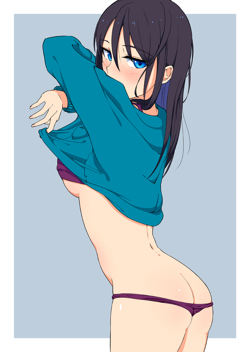 1girl ass black_hair blue_eyes blue_sweater blush bra butt_crack clothes_lift covered_mouth cowboy_shot eyebrows_visible_through_hair fingernails from_side grey_background hi_iro highres long_sleeves looking_at_viewer looking_back original panties pink_nails purple_bra purple_panties simple_background solo standing sweater sweater_lift underwear undressing
