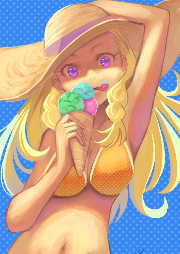 1girl amamiya_erena armpits blonde_hair blue_background breasts cleavage collarbone floating_hair food hat holding holding_food ice_cream jj_(ssspulse) long_hair looking_at_viewer medium_breasts mole mole_under_mouth navel orange_bikini_top polka_dot polka_dot_background polka_dot_bikini_top precure purple_eyes solo star_twinkle_precure straw_hat sun_hat tongue tongue_out upper_body yellow_headwear