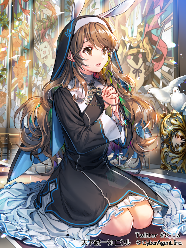 1girl animal_ears bangs black_dress black_hoodie brown_eyes brown_hair bunny_ears curly_hair dress floating_hair hands_clasped indoors interitio interlocked_fingers kneeling long_hair long_sleeves mole mole_under_mouth nun open_mouth own_hands_together shiny shiny_hair solo sparkle swept_bangs tenka_touitsu_chronicle very_long_hair
