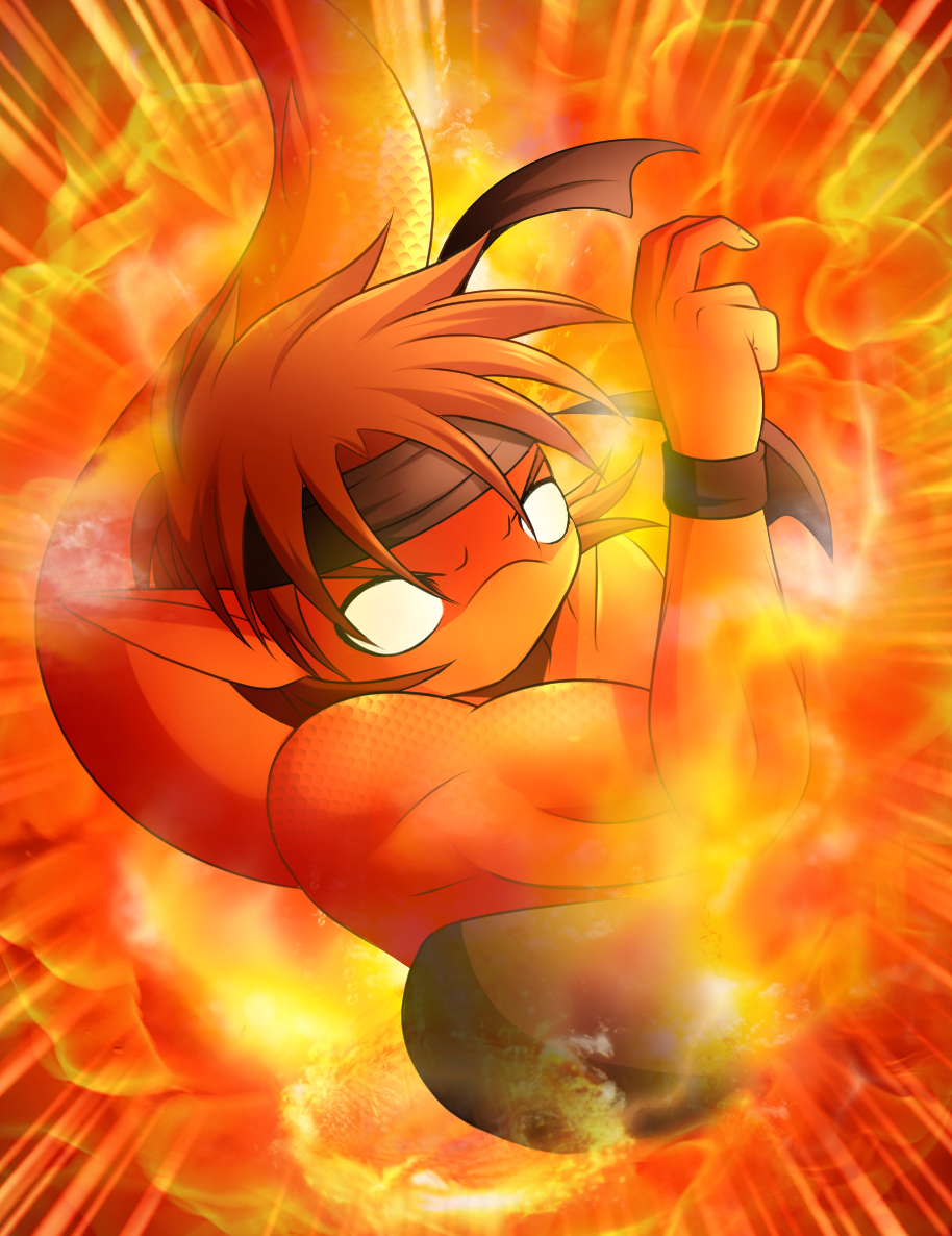 accessory animal_strife attack brunnete dragon empty_eyes fire fire_conejo headband invalid_tag kung_fu long_tail martial_arts muscular red_body red_skin scales wristband