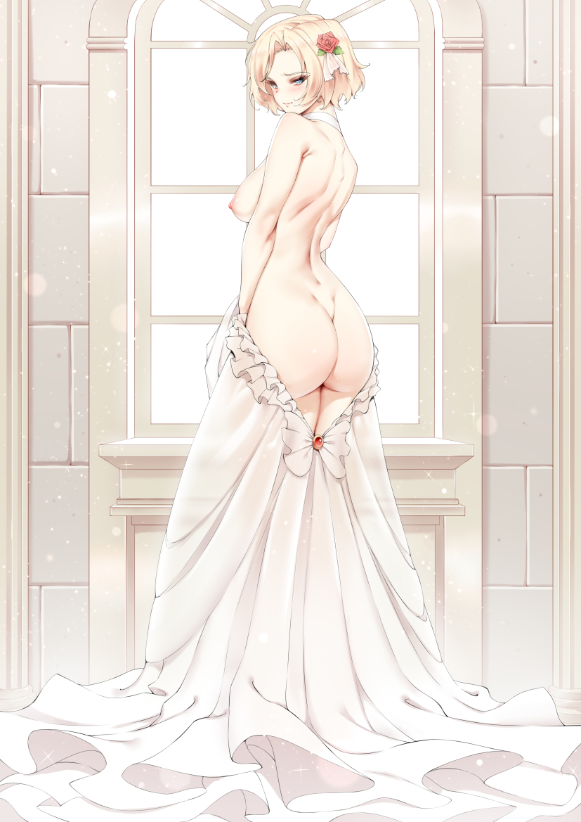 1girl ass blonde_hair blue_eyes breasts bride butt_crack commentary dress flower hair_flower hair_ornament hasumi_(kinhasu) kinhasu large_breasts looking_at_viewer nipples original rose short_hair smile undressing wall wedding_dress window