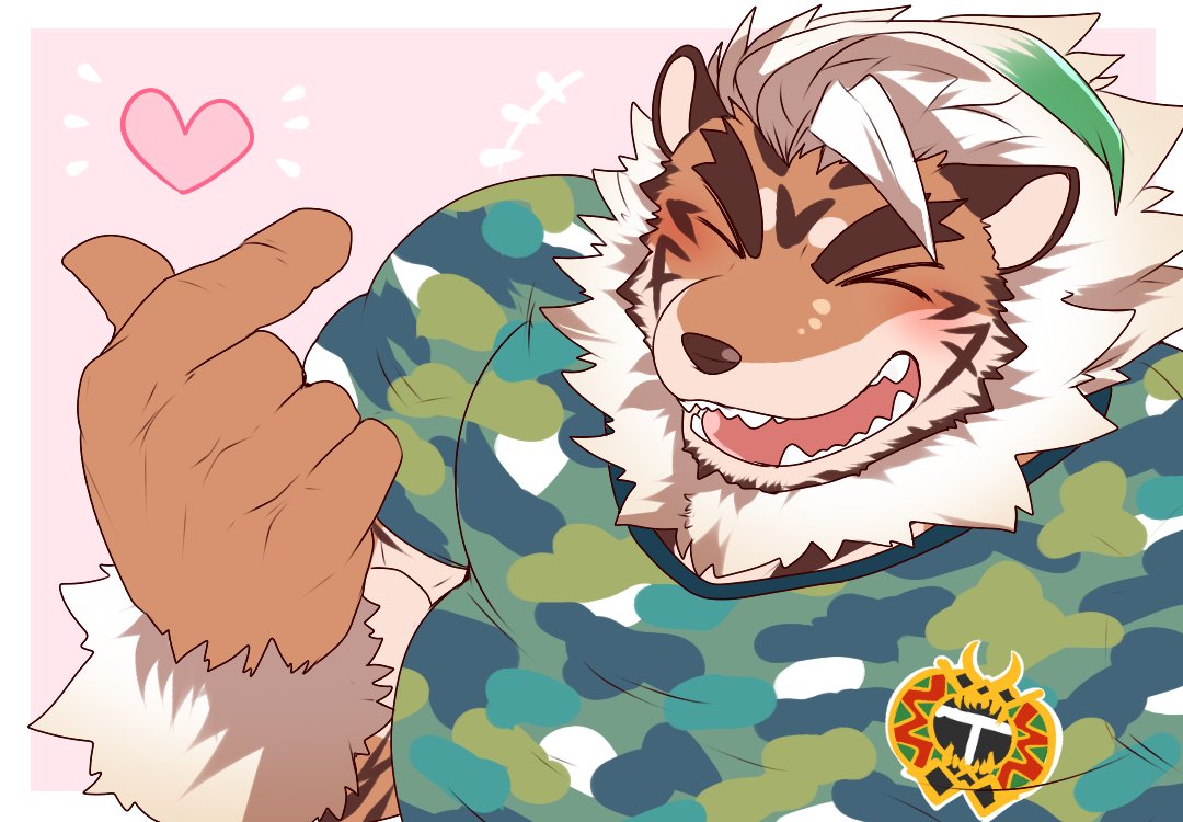 &lt;3 anthro blush brown_body brown_fur camo camo_clothing camo_print camo_shirt clawlion clothing eyes_closed felid finger_snap fur hombretigre male mammal open_mouth orange_body orange_fur pantherine pattern_clothing simple_background solo teeth tiger tokyo_afterschool_summoners video_games white_body white_fur