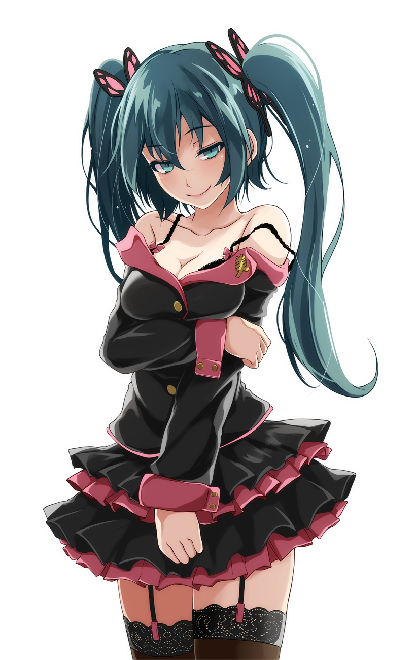 1girl aqua_eyes aqua_hair arm_under_breasts black_shirt black_skirt breasts butterfly_hair_ornament cleavage collarbone commentary cowboy_shot frilled_skirt frills garter_straps hair_ornament half-closed_eyes hatsune_miku highres holding_arm honey_whip_(module) lace lace-trimmed_legwear layered_skirt long_hair long_sleeves looking_at_viewer medium_breasts project_diva_(series) shirt skirt smile solo spaghetti_strap thighhighs tsukishiro_saika twintails vocaloid white_background