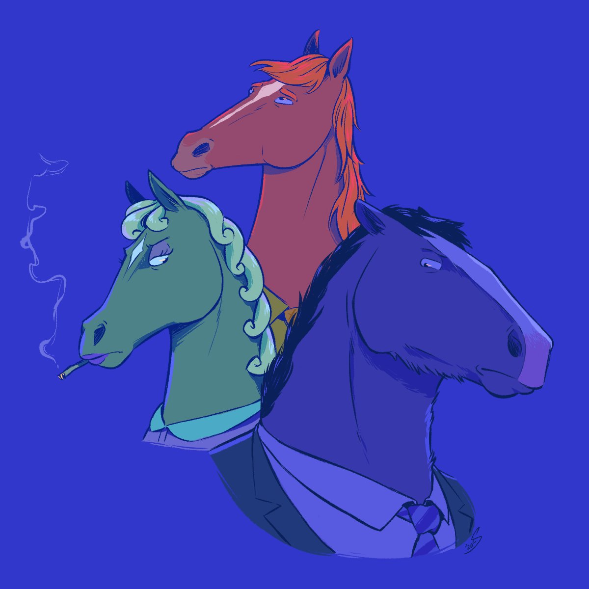 1:1 2020 anthro beatrice_horseman bojack_horseman butterscotch_horseman cigarette clothed clothing equid equine fawndog female group hair hi_res horse looking_at_viewer looking_from_above looking_up makeup male mammal mane necktie netflix red_hair secretariat_(bojack_horseman) signature simple_background smoking suit