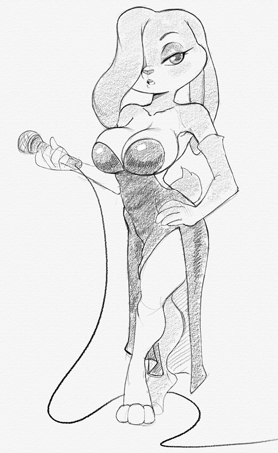 babs_bunny barefoot breasts clothing cosplay crossover crossover_cosplay disney dress female graphite_(artwork) greyscale jessica_rabbit kevinsano lagomorph leporid mammal microphone monochrome rabbit red_clothing red_dress sketch solo tiny_toon_adventures traditional_media_(artwork) warner_brothers who_framed_roger_rabbit