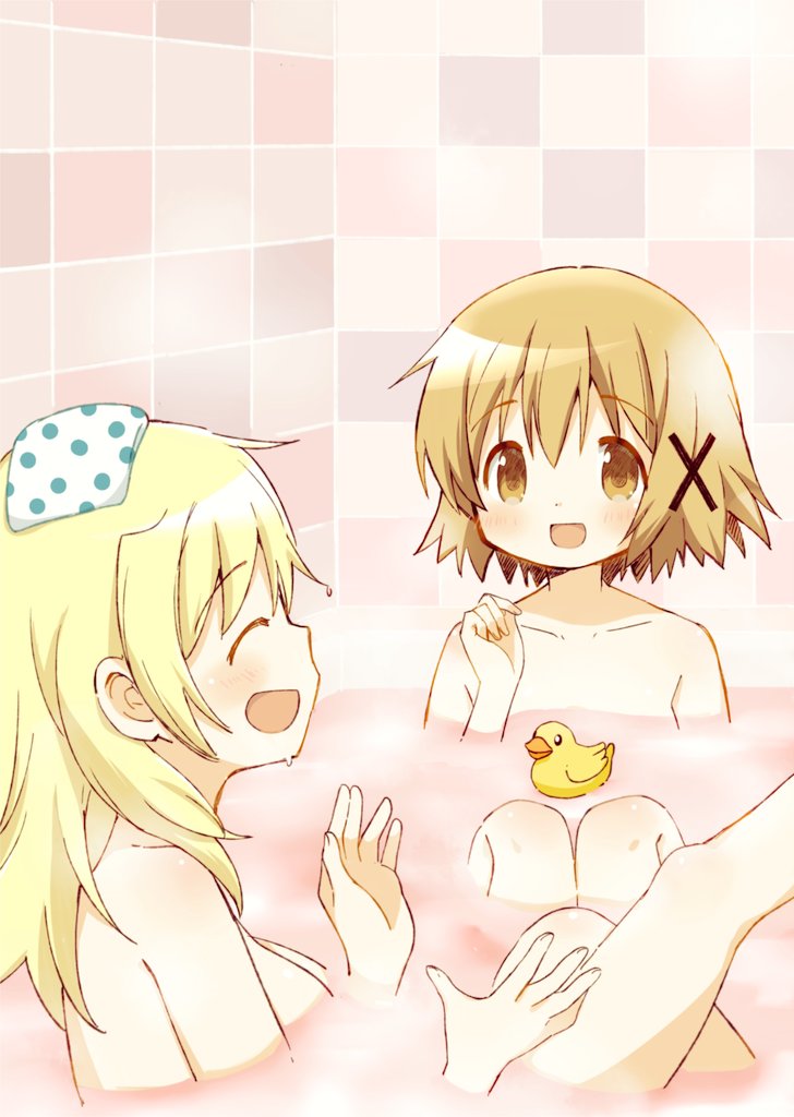 2girls bangs bath bathroom blonde_hair breasts brown_eyes closed_eyes collarbone eyebrows_visible_through_hair from_side hair_between_eyes hair_ornament hand_up hands_up hidamari_sketch indoors knees_up leg_up light_brown_hair long_hair medium_breasts miyako multiple_girls nude open_mouth partially_submerged polka_dot_towel profile rubber_duck short_hair sitting smile tile_wall tiles towel towel_on_head tsubaki_(tatajd) water x_hair_ornament yuno