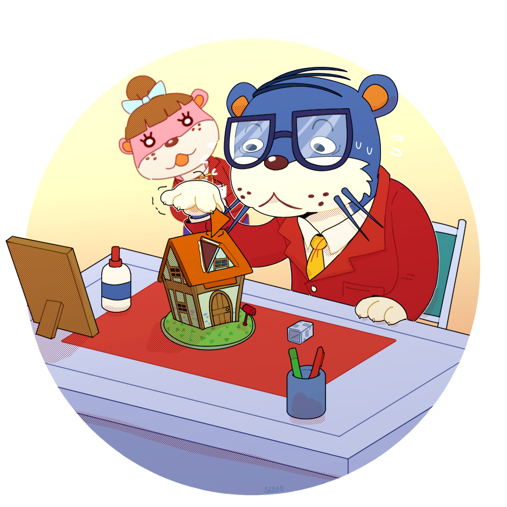 1:1 2020 alpha_channel animal_crossing anthro blue_body bodily_fluids clothing duo eyewear glasses humanoid_hands lottie_(animal_crossing) lutrine lyle_(animal_crossing) male mammal mustelid necktie nintendo pink_body shirt soyothenerd sweat topwear video_games