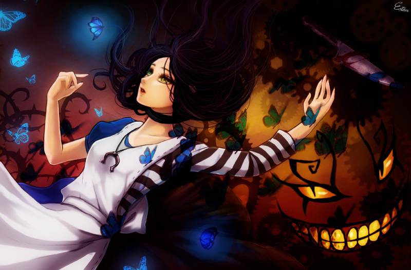 1girl alice:_madness_returns alice_(wonderland) american_mcgee's_alice apron breasts cheshire_cat dress esther long_hair open_mouth smile solo striped