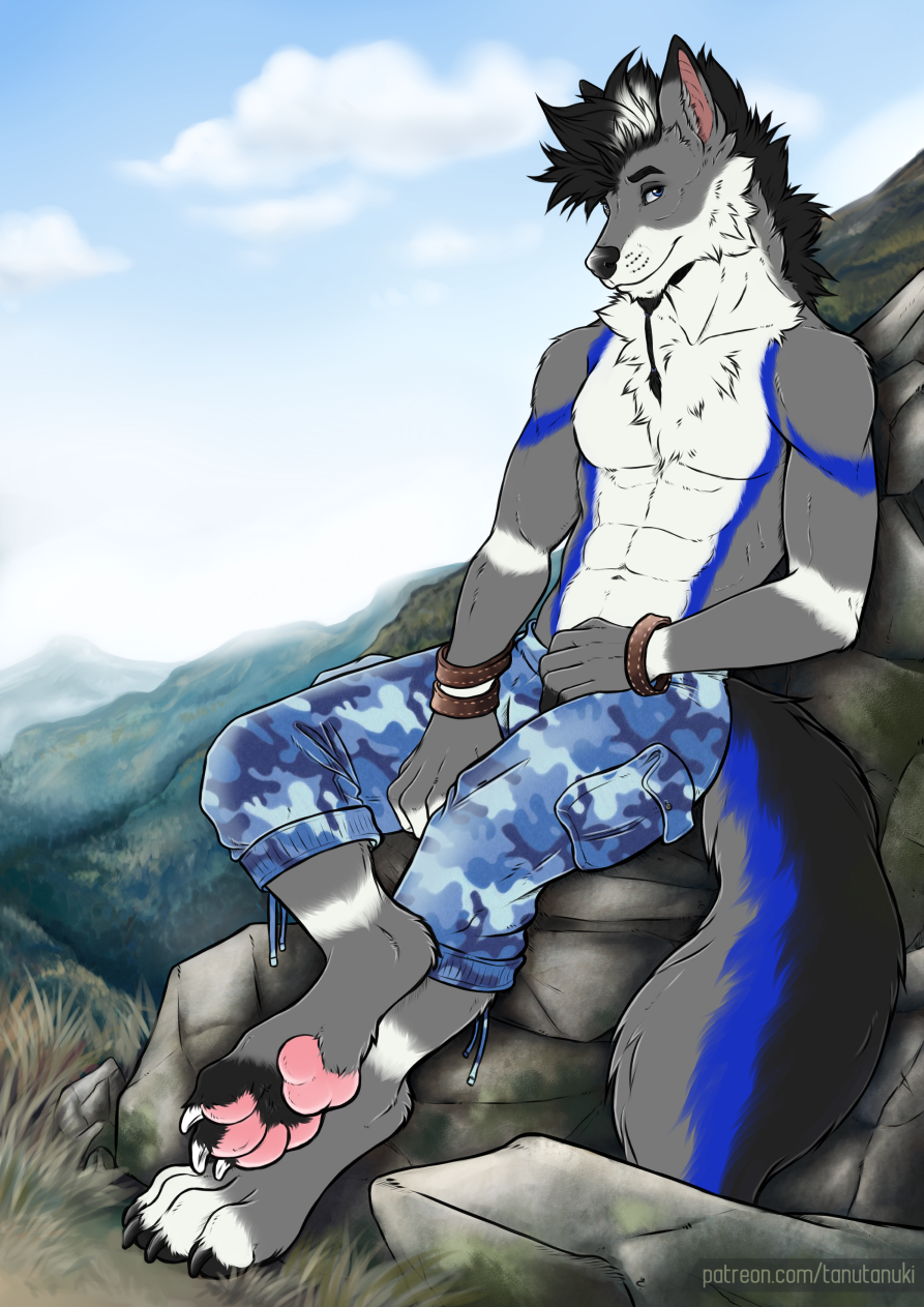 2020 4_toes 5_fingers abs anthro barefoot black_hair canid canine canis clothed clothing day detailed_background digital_media_(artwork) digitigrade domestic_dog eyebrows eyelashes fingers fur grass grey_body grey_fur hair hi_res male mammal outside sky smile solo tanutanuki toes topless