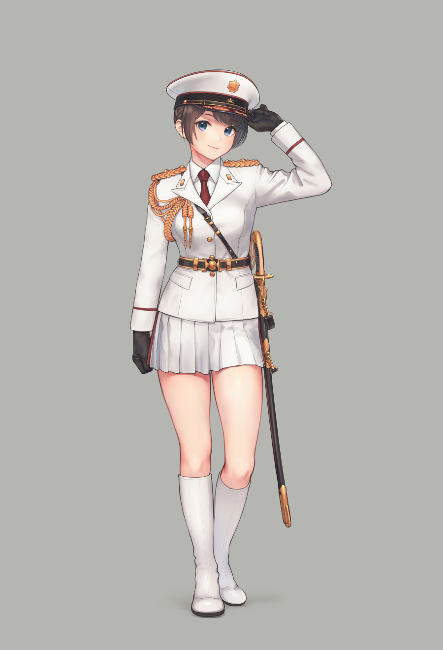 1girl aiguillette belt black_gloves blue_eyes boots braid brown_hair buttons closed_mouth collared_shirt full_body genso gloves grey_background hand_on_headwear hat highres jacket knee_boots lapel long_sleeves looking_at_viewer military military_hat military_uniform miniskirt necktie original peaked_cap pleated_skirt red_neckwear sheath sheathed shirt simple_background skirt smile solo standing sword uniform weapon white_footwear white_jacket white_skirt